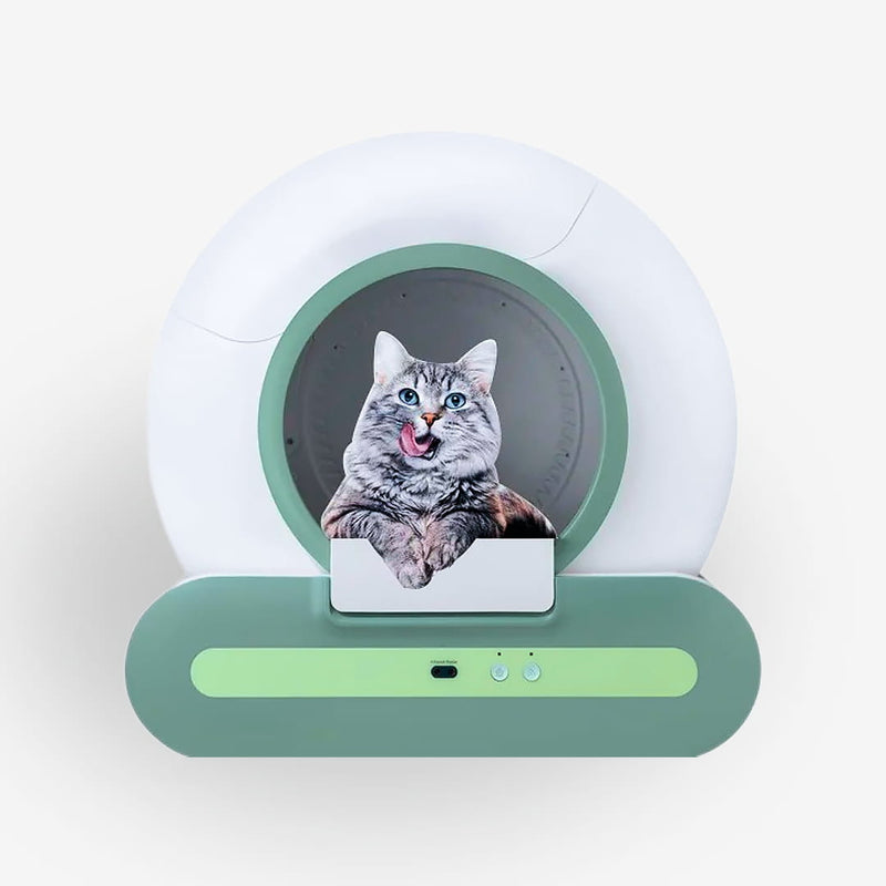 Caixa de Areia Automática para Gatos com Inteligência Artificial e Aplicativo para Controle Remoto - com um fundo branco - Aumarcat